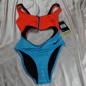 NIKE SWIMMING BLOCK CUT OUT SWIMSUIT RED AND TEAL